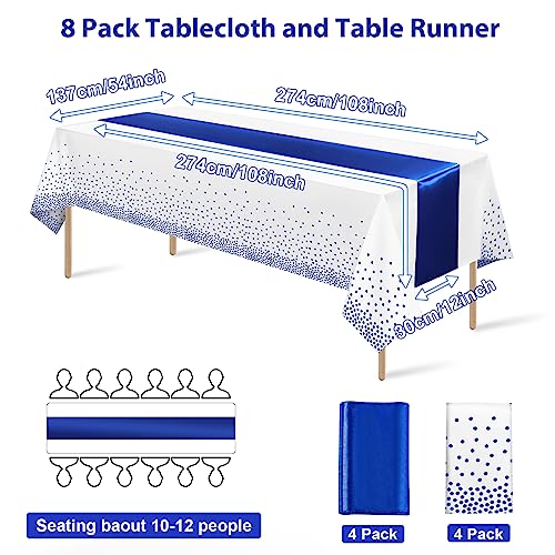 MASHAN 8Pack Disposable Plastic Tablecloths and Satin Table Runner White and Royal Blue Dot Tablecloth Blue Satin Table Runner for Wedding Birthday Baby Shower Anniversary Christmas New Year Party Supplies - Image 2
