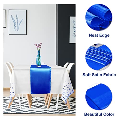 MASHAN 8Pack Disposable Plastic Tablecloths and Satin Table Runner White and Royal Blue Dot Tablecloth Blue Satin Table Runner for Wedding Birthday Baby Shower Anniversary Christmas New Year Party Supplies - Image 3