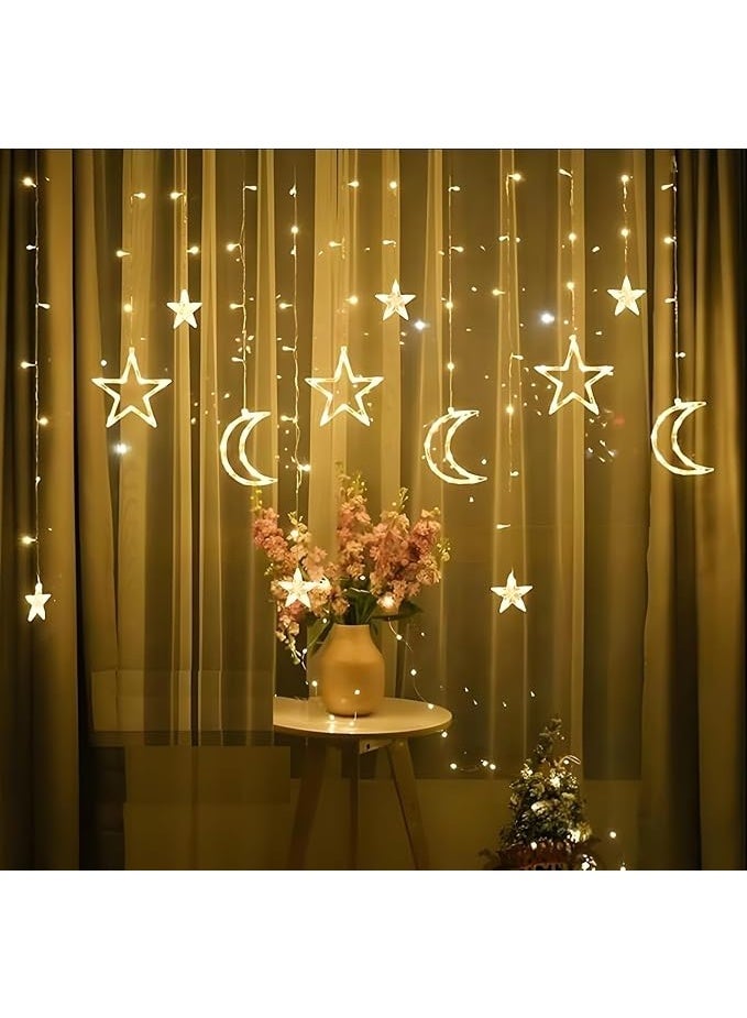 3.5m star and moon shaped LED curtain light string, water-resistant, for Christmas, hanging on windows during Ramadan, Christmas, weddings, parties, home, balcony, and garden, warm white, quantity 1