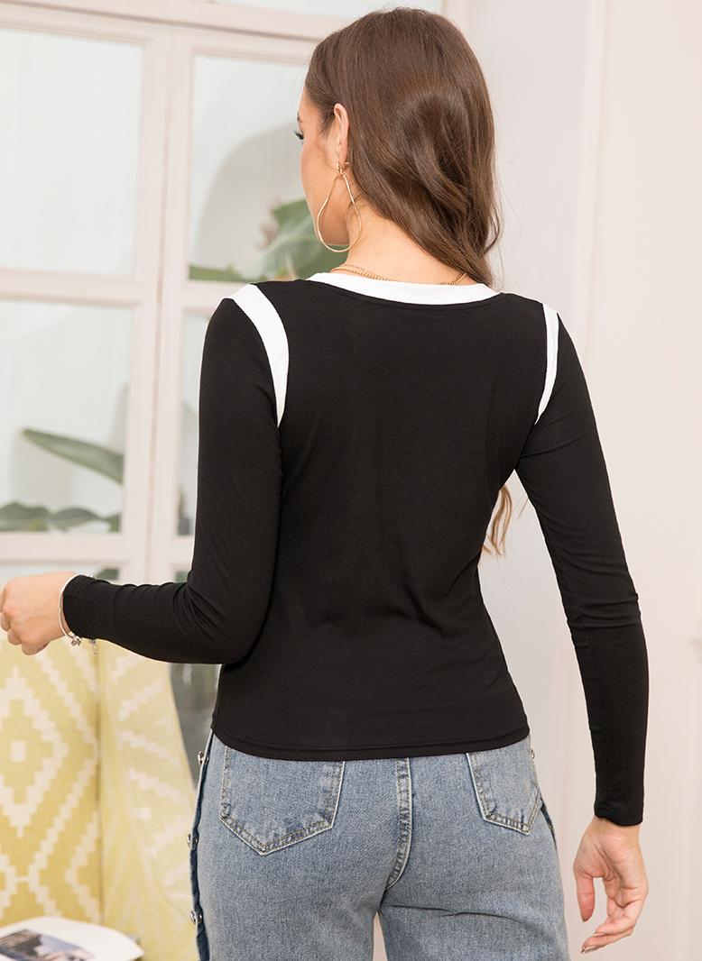 FridayIn Casual Round neck Color contrast Splicing Regular sleeve Knit Tops Black - Image 2