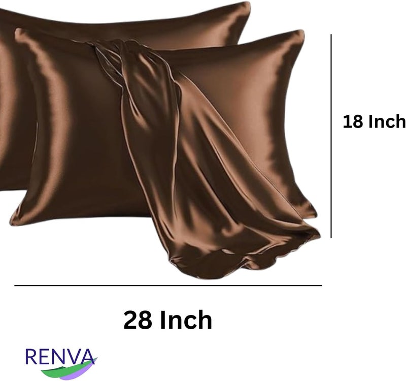 RENVA Set of 2 Satin Silk Pillowcase for Hair and Skin Standard Size 18"X 28" with Soft Breathable Smooth Cooling Pillow Covers for Sleeping (2, Brown) - Image 2
