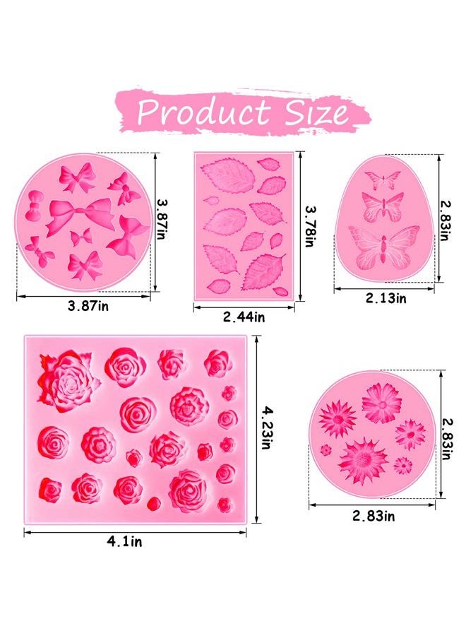 LLPMutu 5 Pieces Fondant Molds Butterfly Mold Mini Flowers and 22 Cavity Rose Flowers and Leaves Fondant Candy Silicone Molds,Bowknot Silicone Mold for DIY Cake Decoration,Candy Chocolate Soap Wax Making - Image 3