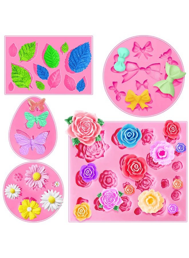LLPMutu 5 Pieces Fondant Molds Butterfly Mold Mini Flowers and 22 Cavity Rose Flowers and Leaves Fondant Candy Silicone Molds,Bowknot Silicone Mold for DIY Cake Decoration,Candy Chocolate Soap Wax Making - Image 1