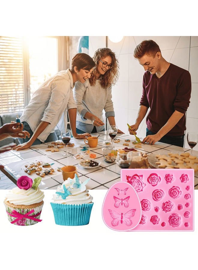 LLPMutu 5 Pieces Fondant Molds Butterfly Mold Mini Flowers and 22 Cavity Rose Flowers and Leaves Fondant Candy Silicone Molds,Bowknot Silicone Mold for DIY Cake Decoration,Candy Chocolate Soap Wax Making - Image 4
