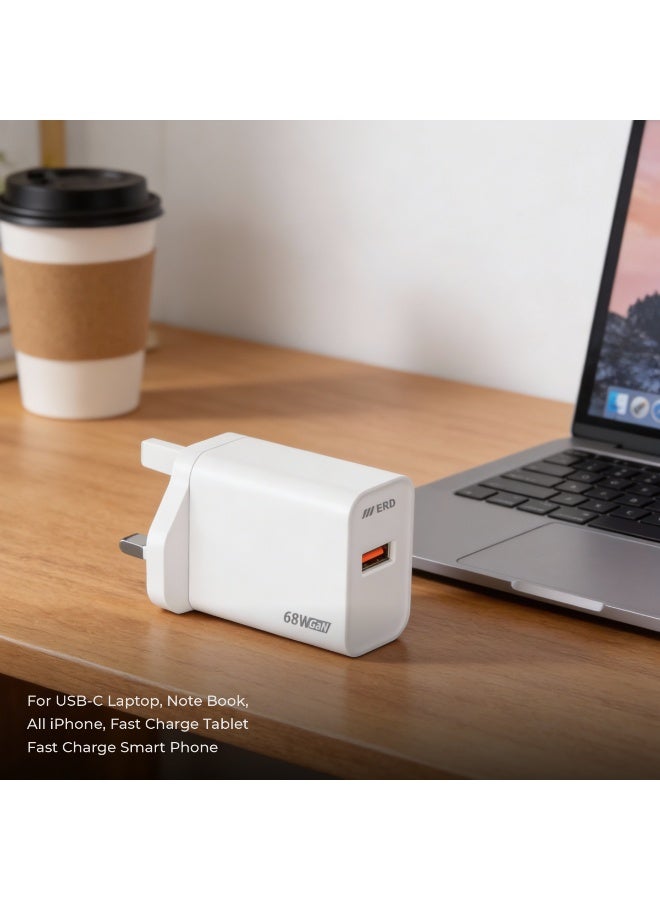 ERD شاحن سريع ERD TCU-665 68W بتقنية GaN مع كابل USB-A إلى USB-C | تقنية نيتريد الغاليوم عالية الكفاءة | توافق عالمي مع MacBook Air و iPhone 15/14/13 Pro Max و iPad و Samsung Galaxy وأجهزة الكمبيوتر المحمولة USB-C | محول سفر فائق الصغر مع حماية متعددة الطبقات (أبيض) - Image 4