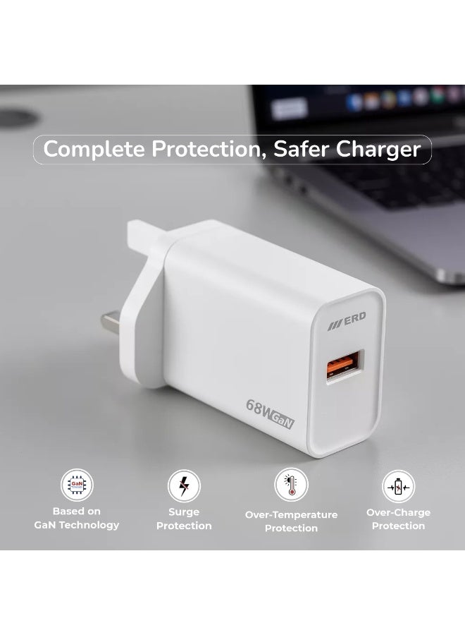 ERD شاحن سريع ERD TCU-665 68W بتقنية GaN مع كابل USB-A إلى USB-C | تقنية نيتريد الغاليوم عالية الكفاءة | توافق عالمي مع MacBook Air و iPhone 15/14/13 Pro Max و iPad و Samsung Galaxy وأجهزة الكمبيوتر المحمولة USB-C | محول سفر فائق الصغر مع حماية متعددة الطبقات (أبيض) - Image 3