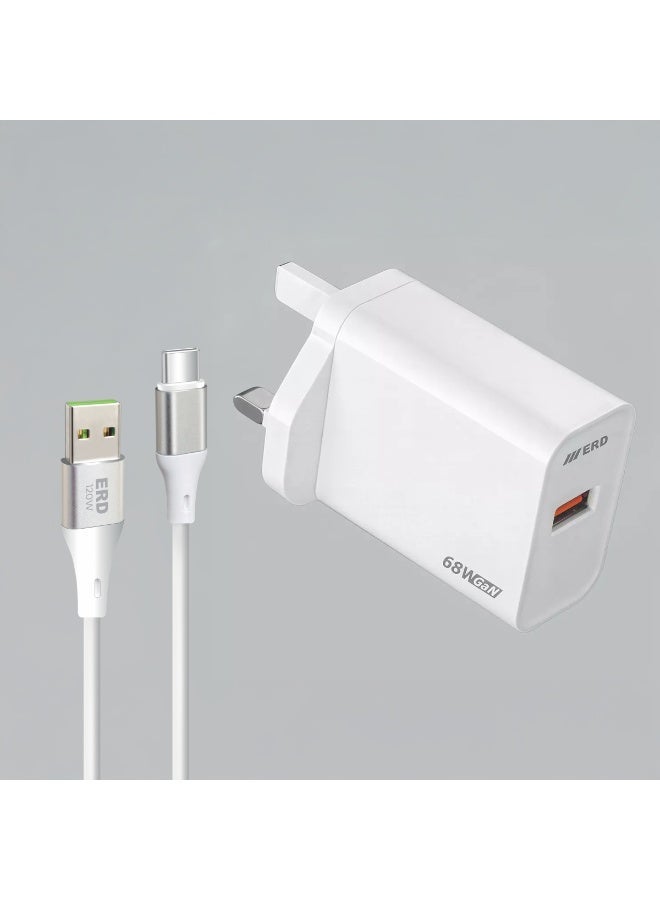 ERD شاحن سريع ERD TCU-665 68W بتقنية GaN مع كابل USB-A إلى USB-C | تقنية نيتريد الغاليوم عالية الكفاءة | توافق عالمي مع MacBook Air و iPhone 15/14/13 Pro Max و iPad و Samsung Galaxy وأجهزة الكمبيوتر المحمولة USB-C | محول سفر فائق الصغر مع حماية متعددة الطبقات (أبيض) - Image 2