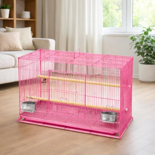 Rizopets Bird Cage, Crate for Rabbit, Parrots and Small Pets with Sliding Tray, 2 Feeding Cup & 2 Perch with Secure Lock (15 Inches, Pink) Metal - Image 2