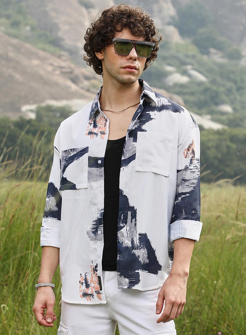 Campus Sutra Men's Prussian Blue & Cream White Ethereal Strokes Oversized Shirt  - Image 1