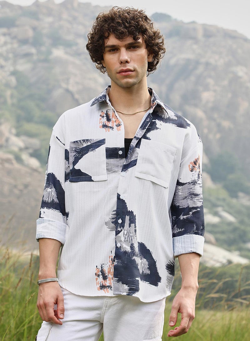 Campus Sutra Men's Prussian Blue & Cream White Ethereal Strokes Oversized Shirt  - Image 2