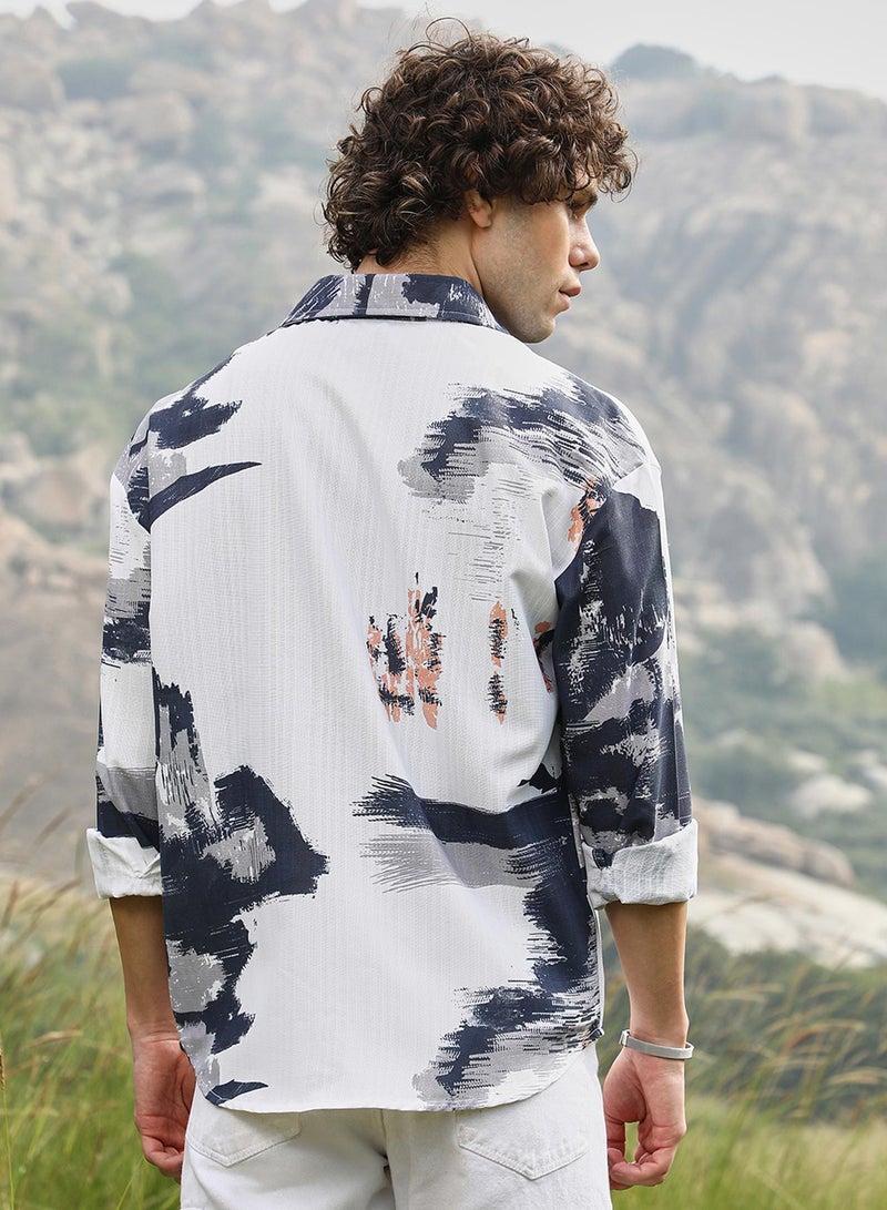 Campus Sutra Men's Prussian Blue & Cream White Ethereal Strokes Oversized Shirt  - Image 5