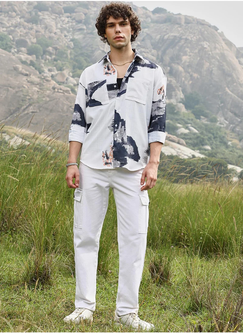 Campus Sutra Men's Prussian Blue & Cream White Ethereal Strokes Oversized Shirt