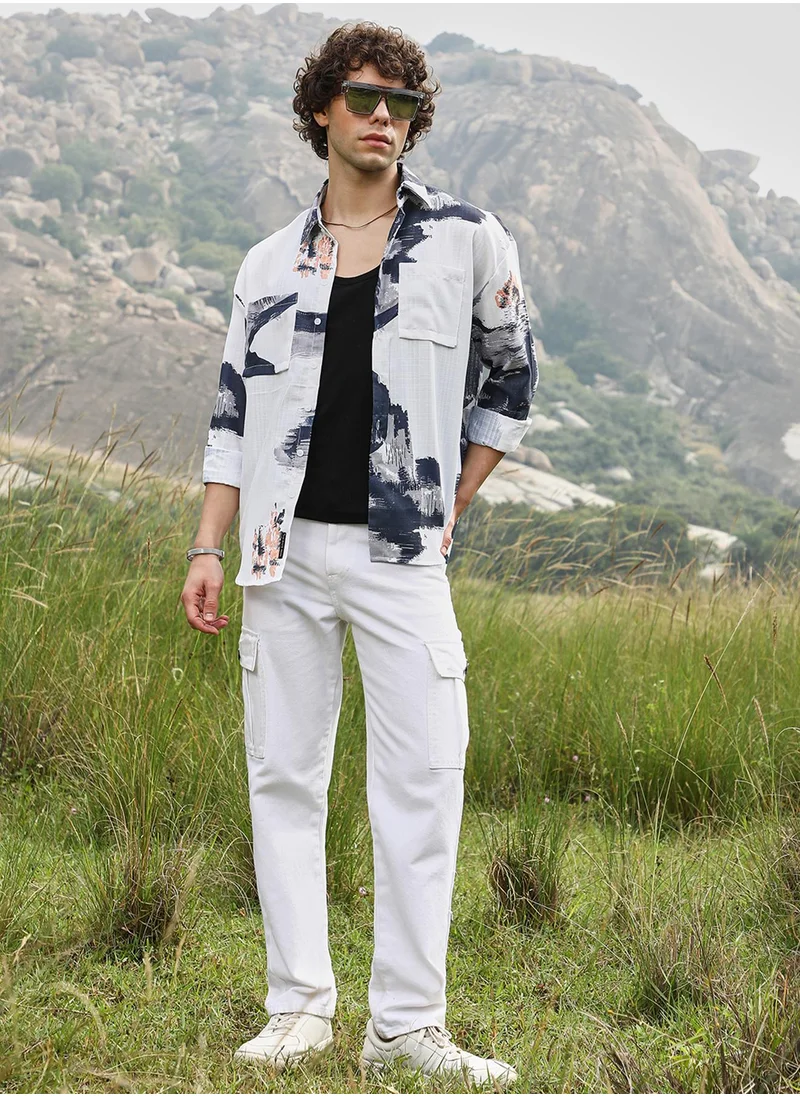 Campus Sutra Men's Prussian Blue & Cream White Ethereal Strokes Oversized Shirt