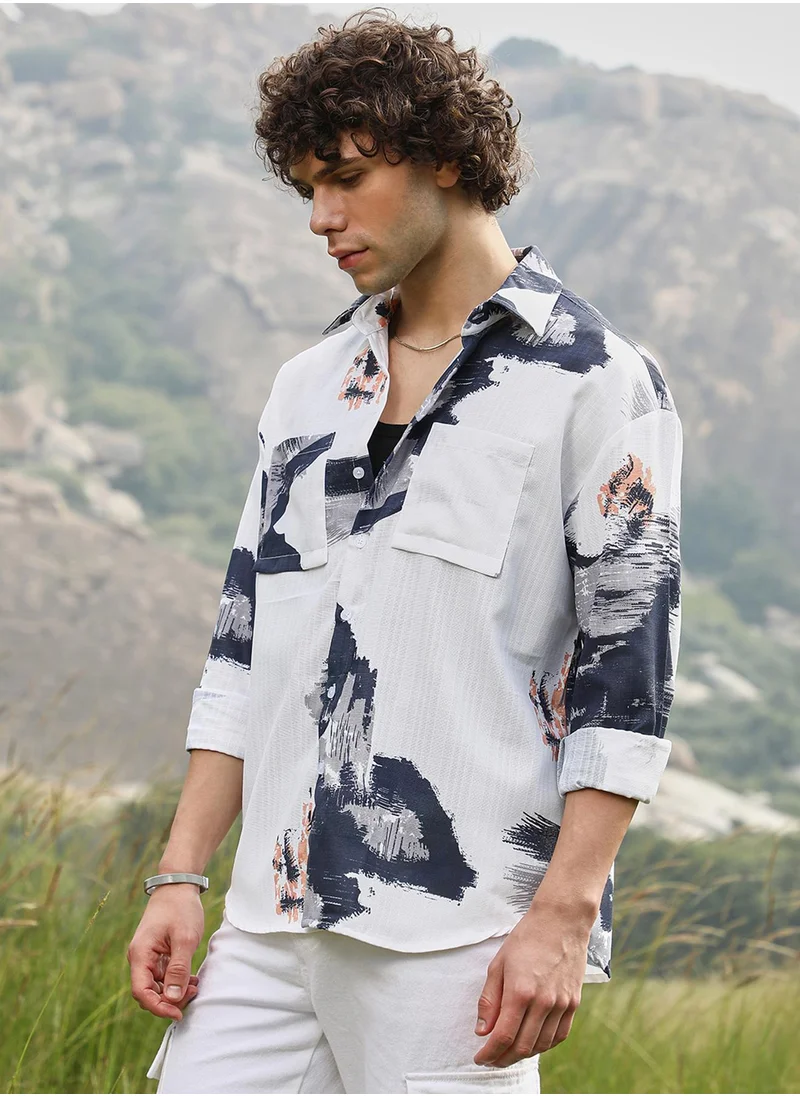 Campus Sutra Men's Prussian Blue & Cream White Ethereal Strokes Oversized Shirt