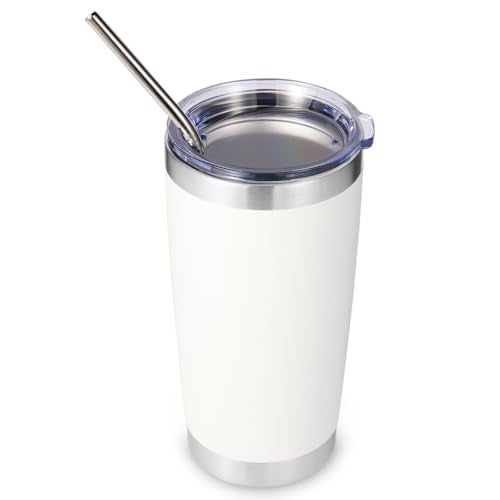 Volhoply 20oz Stainless Steel Tumbler with Lid and StrawDouble Wall Insulated Travel Iced Coffee Mug Fits Car Cup HolderPowder Coated Cups for Hot and Cold DrinksGifts for Women MenWhite1 Set - Image 1