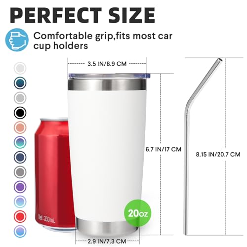 Volhoply 20oz Stainless Steel Tumbler with Lid and StrawDouble Wall Insulated Travel Iced Coffee Mug Fits Car Cup HolderPowder Coated Cups for Hot and Cold DrinksGifts for Women MenWhite1 Set - Image 3