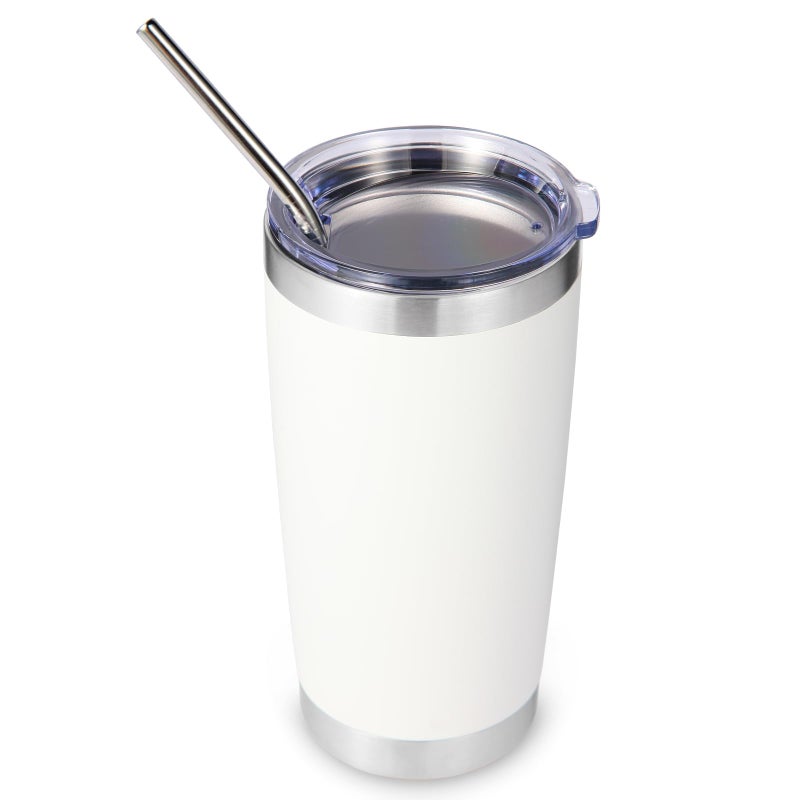 Volhoply 20oz Stainless Steel Tumbler with Lid and StrawDouble Wall Insulated Travel Iced Coffee Mug Fits Car Cup HolderPowder Coated Cups for Hot and Cold DrinksGifts for Women MenWhite1 Set - Image 2