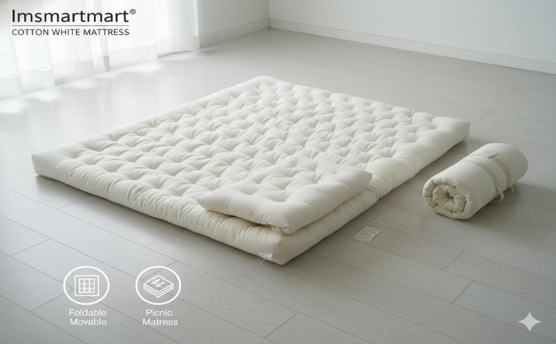 IMSMARTMART Cotton Quilt White Mattress, 72x72x5 Inches, Double Bed Size, Extra Thick Padding, Foldable, Rollable Movable Picnic Cotton Mattress - Image 4