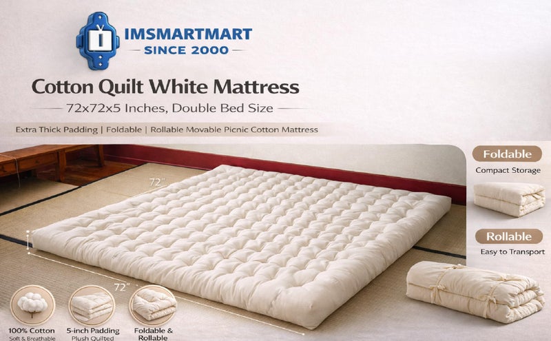 IMSMARTMART Cotton Quilt White Mattress, 72x72x5 Inches, Double Bed Size, Extra Thick Padding, Foldable, Rollable Movable Picnic Cotton Mattress - Image 2