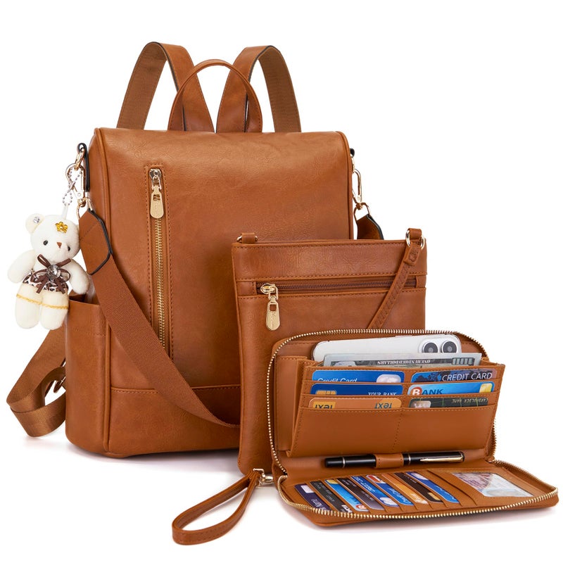 Soperwillton Women Fashion Backpack Purse Anti-Theft Leather Shoulder Bag Travel Multi Pockets Handbag Wallet Set 3pcs - Image 1