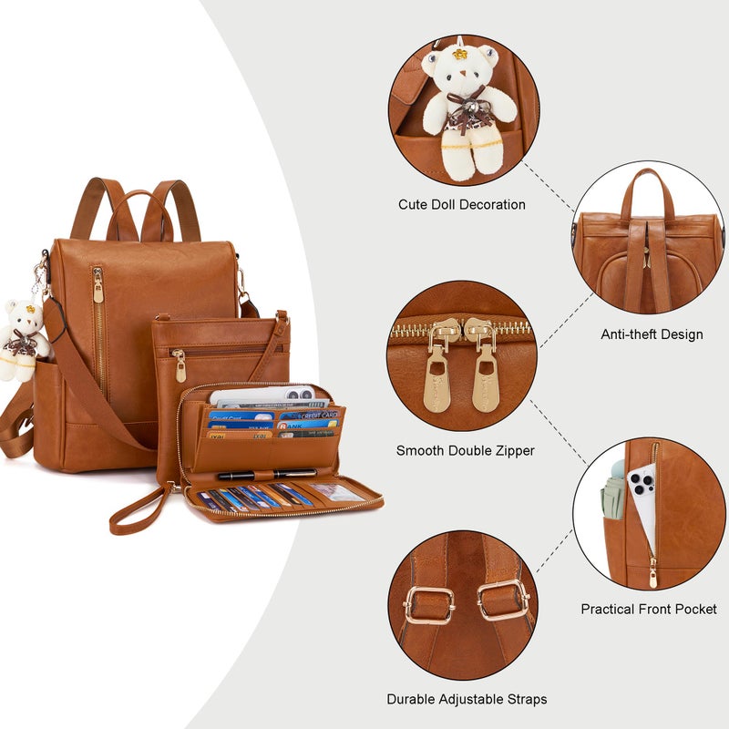 Soperwillton Women Fashion Backpack Purse Anti-Theft Leather Shoulder Bag Travel Multi Pockets Handbag Wallet Set 3pcs - Image 4