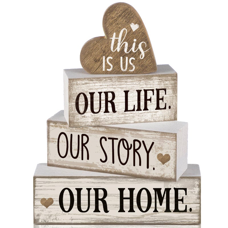 Conelist 4 Pcs Farmhouse Wooden Heart Tabletop Decor Farmhouse Tiered Tray Decor This is Us Centerpiece Decorative Rustic Our Home Block Sign Gift for Home Table Kitchen Shelf Decoration - Image 1