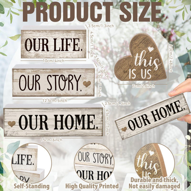 Conelist 4 Pcs Farmhouse Wooden Heart Tabletop Decor Farmhouse Tiered Tray Decor This is Us Centerpiece Decorative Rustic Our Home Block Sign Gift for Home Table Kitchen Shelf Decoration - Image 3
