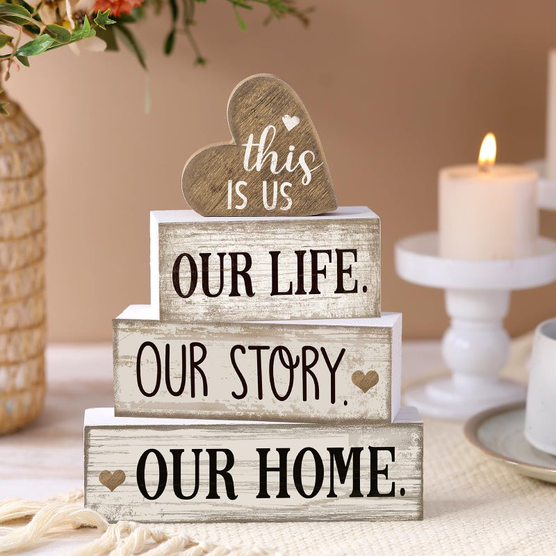 Conelist 4 Pcs Farmhouse Wooden Heart Tabletop Decor Farmhouse Tiered Tray Decor This is Us Centerpiece Decorative Rustic Our Home Block Sign Gift for Home Table Kitchen Shelf Decoration - Image 2