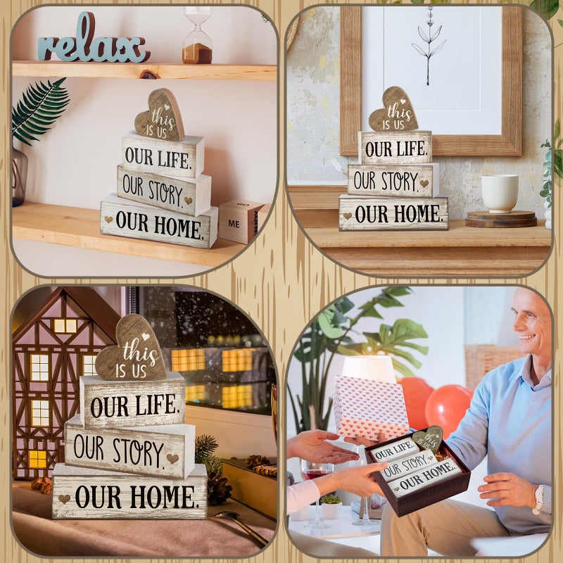 Conelist 4 Pcs Farmhouse Wooden Heart Tabletop Decor Farmhouse Tiered Tray Decor This is Us Centerpiece Decorative Rustic Our Home Block Sign Gift for Home Table Kitchen Shelf Decoration - Image 5