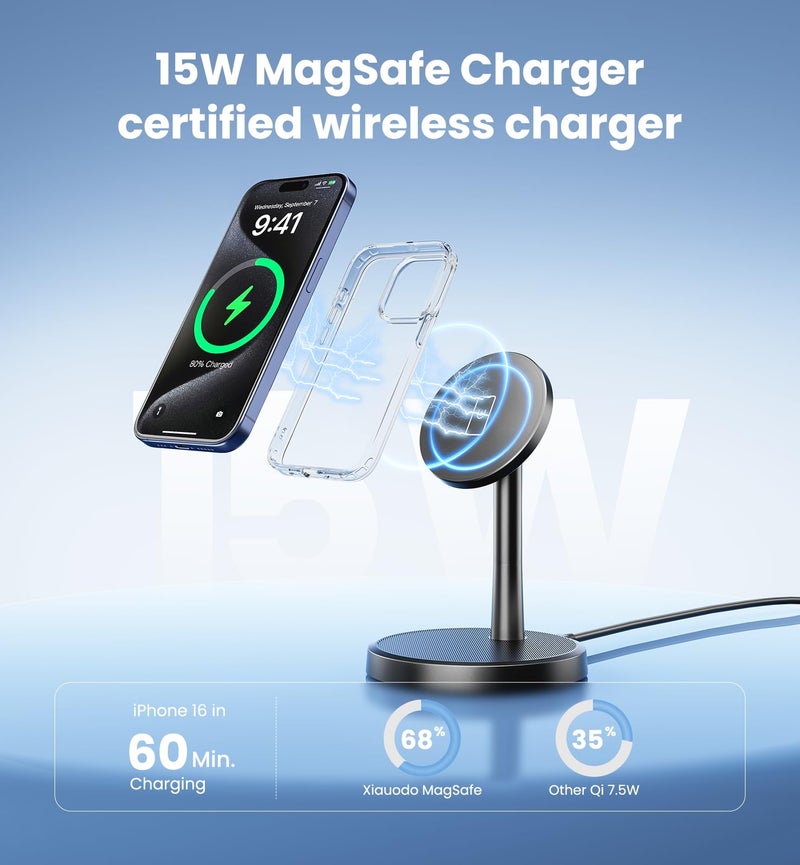 Xiauodo Magnetic Wireless Charger iPhone, 2 Pack 15W Fast Mag-Safe Charger Stand for iPhone 17/17 Air/17 Pro/17 Pro Max 16/15/14/13/12 Series, Wireless Charging Station for Pad/AirPods - Image 4