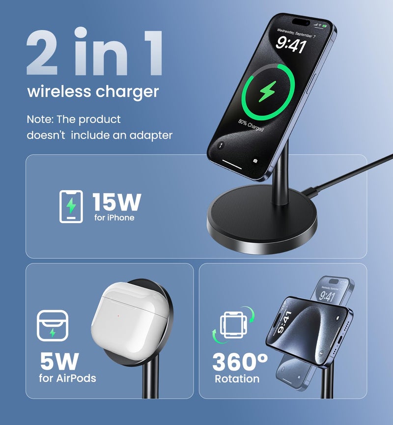 Xiauodo Magnetic Wireless Charger iPhone, 2 Pack 15W Fast Mag-Safe Charger Stand for iPhone 17/17 Air/17 Pro/17 Pro Max 16/15/14/13/12 Series, Wireless Charging Station for Pad/AirPods - Image 3