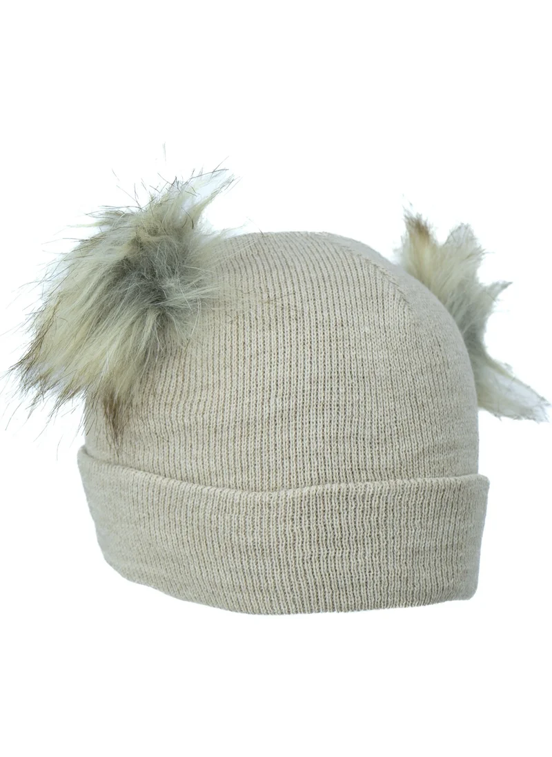 Oppland Girls Winter Thick Beanie Double Pompom Model Cotton Folded Warm Flexible Comfortable