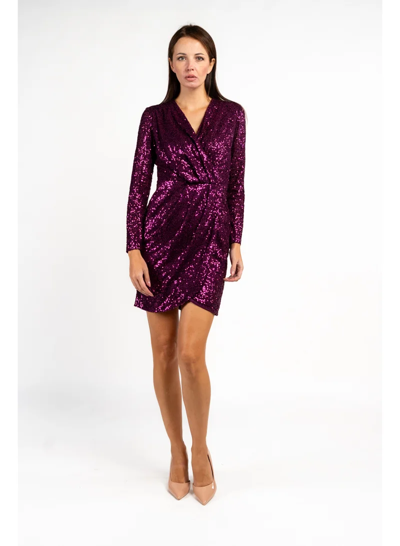 فاشونارا Sequenced Shimmery Draped Long Sleeve Dress In Purple