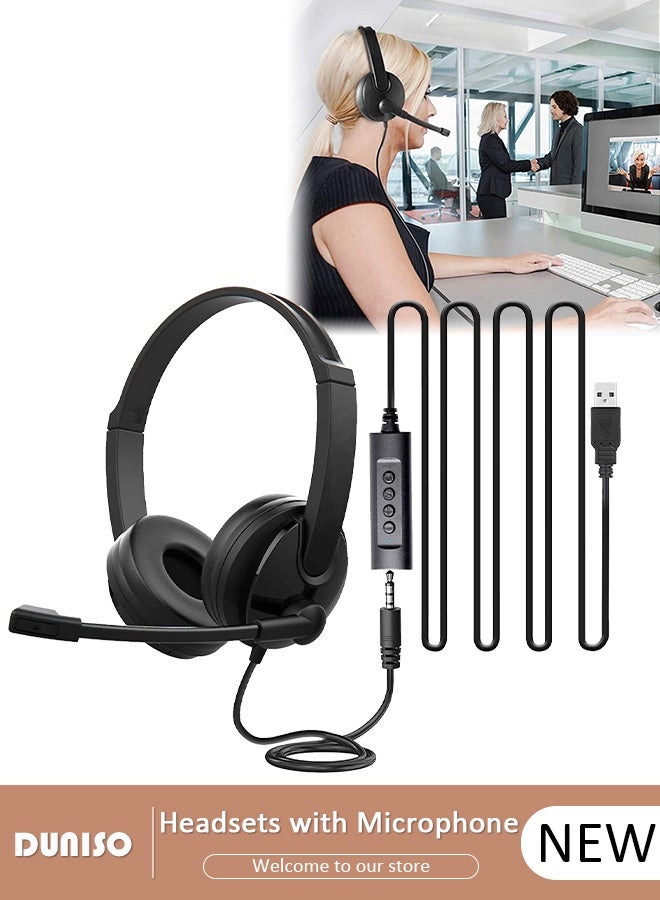 DUNISO Headset with Mic,Lightweight Head Mounted Earpiece Wired Over Ear Headphone,  Usb Plug Earphone  Clear Stereo Sound, Adjustable In-line Control Microphone, Comfortable Wearing Design - Image 1