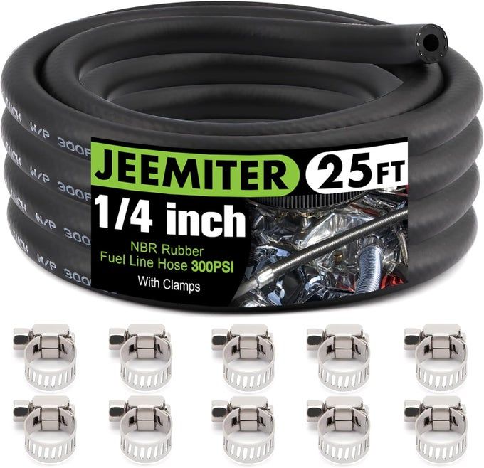 1/4" Fuel Line Hose With 10 Clamps - 25Ft Nbr Rubber Sae 30R7 300Psi