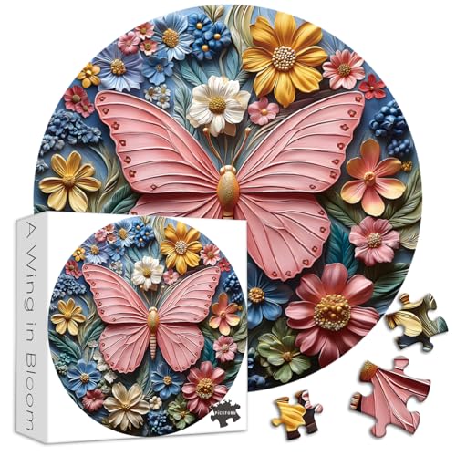 PICKFORU Butterfly Flower Jigsaw Puzzles 1000 Pieces PICKFORU Wildflower Garden Puzzles for Adults Round Pink Puzzle as Wall Art Decor - Image 1