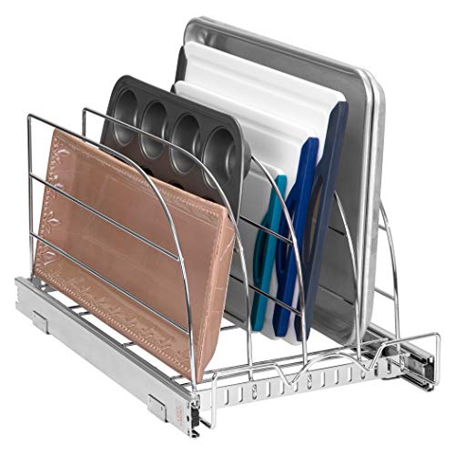 HOLDN’ STORAGE Pull Out Organizer for Bakeware, Cutting Board and Trays, Adjustable Dividers - Heavy Duty, Lifetime Limited Warranty - For Narrow Cabinet Spaces, 12.5”W x 21”D x 11”H, Chrome - Image 1