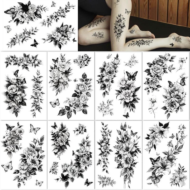 Large Flower Temporary Tattoos for Women33 Pcs Realistic Black Flower Rose Fake Tattoos for Women Body Art Arm Chest Legs Shoulder Abdomen