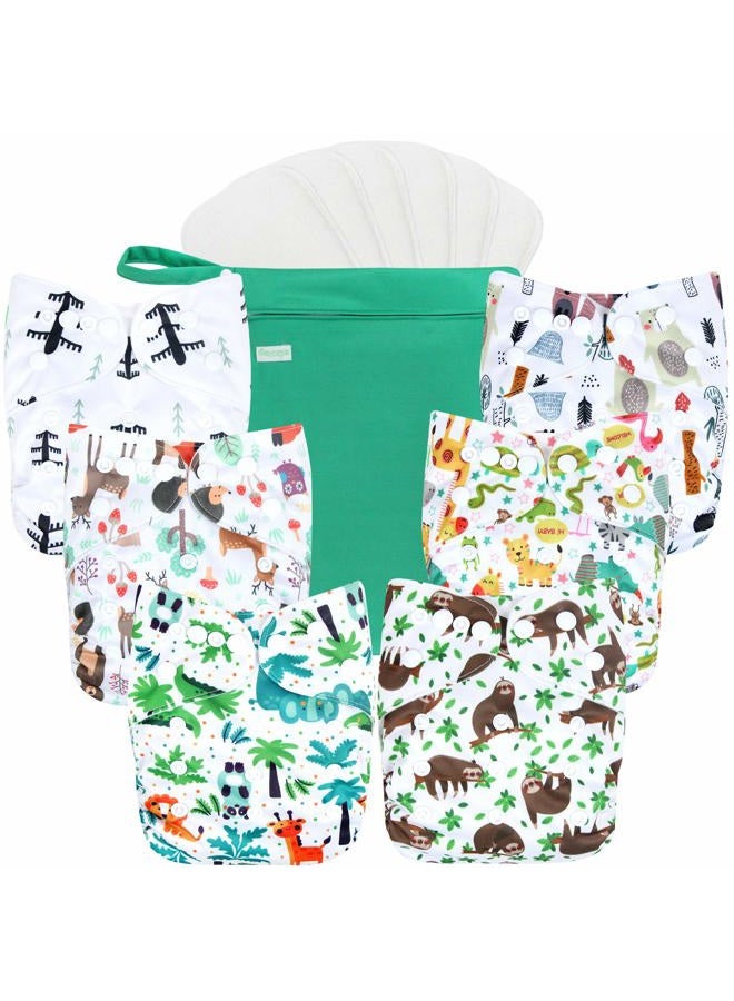 Wegreeco Washable Reusable Baby Cloth Pocket Diapers 6 Pack + 6 Bamboo Inserts (with 1 Wet Bag, Forest, Animals) one Size - Image 1