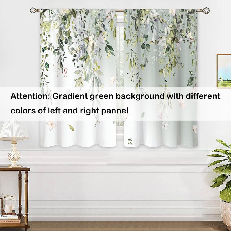 oolygoo Eucalyptus Botanical Leaves Floral Kitchen Window Curtains Butterfly Farmhouse Flower Leaf Small Window Treatment Sage Green Cafe Short Curtains for Bathroom Treatment Tier Drapes 27.9x39 inch - Image 4
