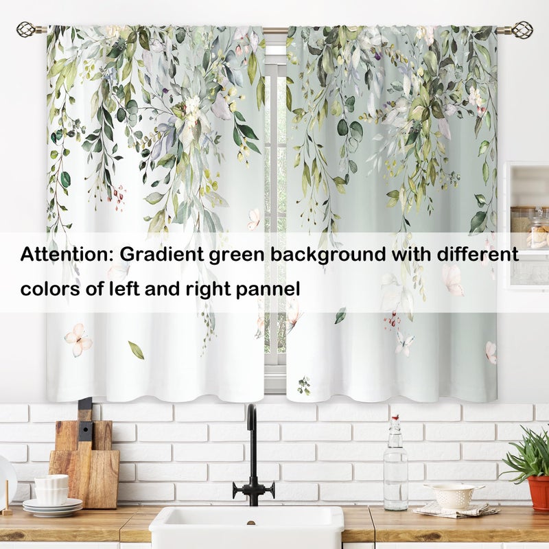 oolygoo Eucalyptus Botanical Leaves Floral Kitchen Window Curtains Butterfly Farmhouse Flower Leaf Small Window Treatment Sage Green Cafe Short Curtains for Bathroom Treatment Tier Drapes 27.9x39 inch - Image 3