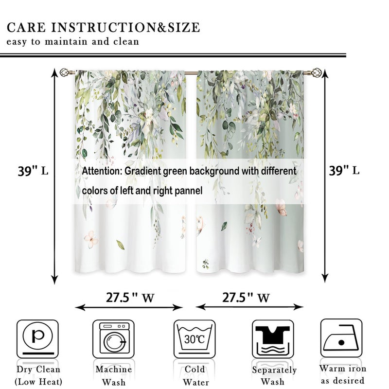 oolygoo Eucalyptus Botanical Leaves Floral Kitchen Window Curtains Butterfly Farmhouse Flower Leaf Small Window Treatment Sage Green Cafe Short Curtains for Bathroom Treatment Tier Drapes 27.9x39 inch - Image 2