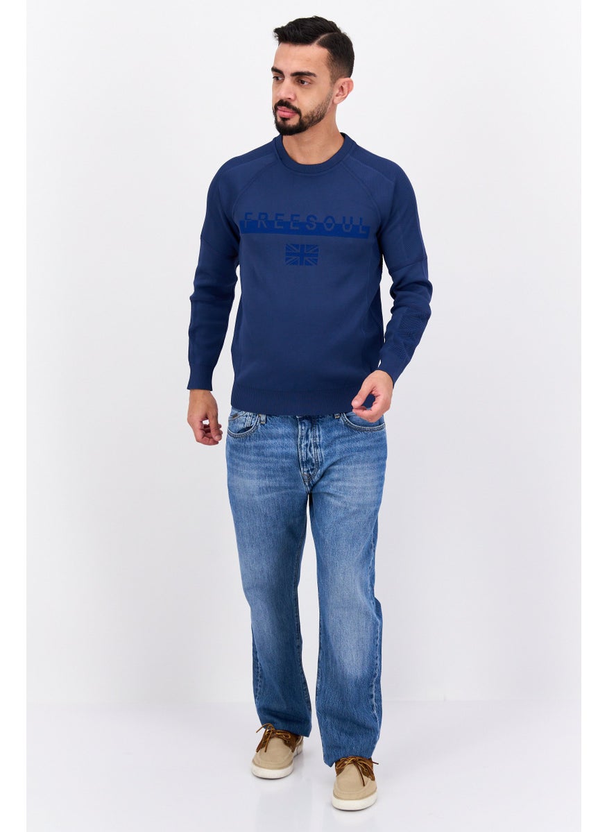 Free Soul - Men Crew Neck Long Sleeve Brand Logo Sweatshirt, Navy - Image 1