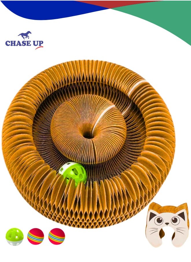 Chase Up Magic Organ Cat Scratch Board, Compact Accordion Interactive Toy With 3 Bell Ball, Cat Scratcher for Grinding Claw, Recyclable and Durable, Furniture Protector, Retractable, Brown, Reversible  - Image 1