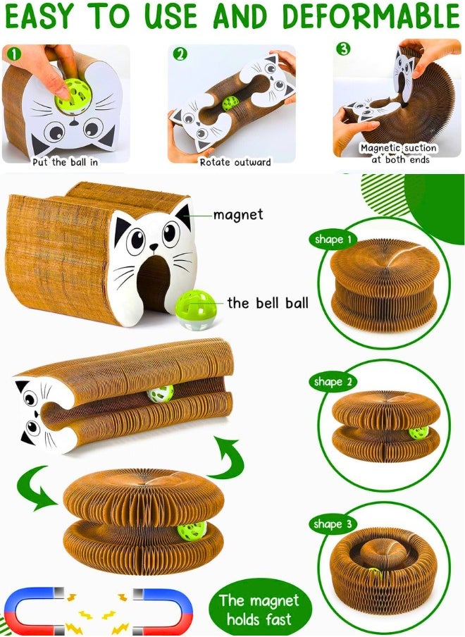 Chase Up Magic Organ Cat Scratch Board, Compact Accordion Interactive Toy With 3 Bell Ball, Cat Scratcher for Grinding Claw, Recyclable and Durable, Furniture Protector, Retractable, Brown, Reversible  - Image 2