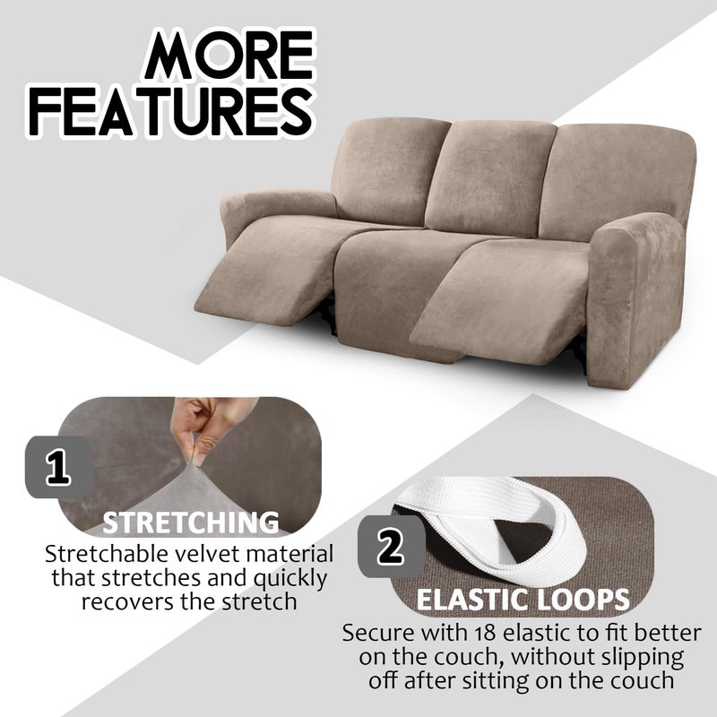 ULTICOR Velvet 8-Pieces Recliner Sofa Covers Stretch Reclining Couch Covers for 3 Cushion Reclining Sofa Slipcovers Furniture Covers Thick Soft Washable (3 Seater Recliner Cover, Taupe) - Image 4