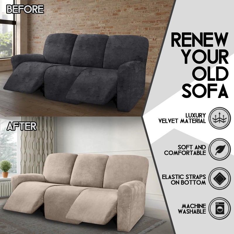 ULTICOR Velvet 8-Pieces Recliner Sofa Covers Stretch Reclining Couch Covers for 3 Cushion Reclining Sofa Slipcovers Furniture Covers Thick Soft Washable (3 Seater Recliner Cover, Taupe) - Image 5