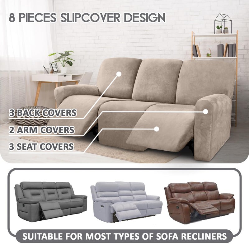 ULTICOR Velvet 8-Pieces Recliner Sofa Covers Stretch Reclining Couch Covers for 3 Cushion Reclining Sofa Slipcovers Furniture Covers Thick Soft Washable (3 Seater Recliner Cover, Taupe) - Image 2