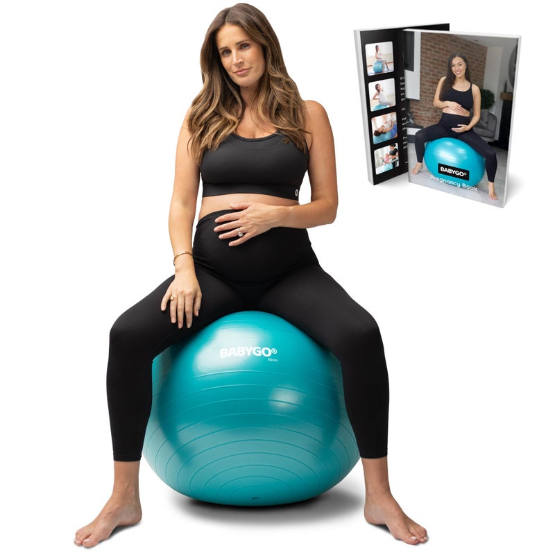 BABYGO Birthing Ball - Pregnancy Yoga Labor & Exercise Ball & Book Set Trimester Targeting, Maternity Physio, Birth & Recovery Plan Included Anti Burst Eco Friendly (Turquoise, 65cm) - Image 1