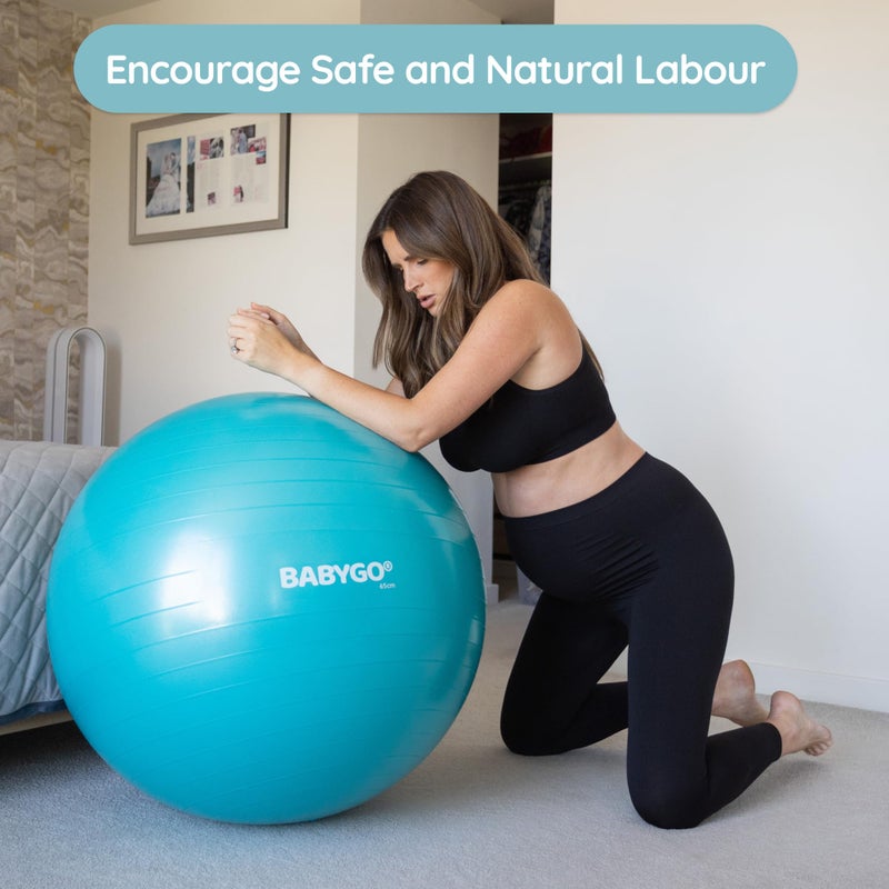 BABYGO Birthing Ball - Pregnancy Yoga Labor & Exercise Ball & Book Set Trimester Targeting, Maternity Physio, Birth & Recovery Plan Included Anti Burst Eco Friendly (Turquoise, 65cm) - Image 2